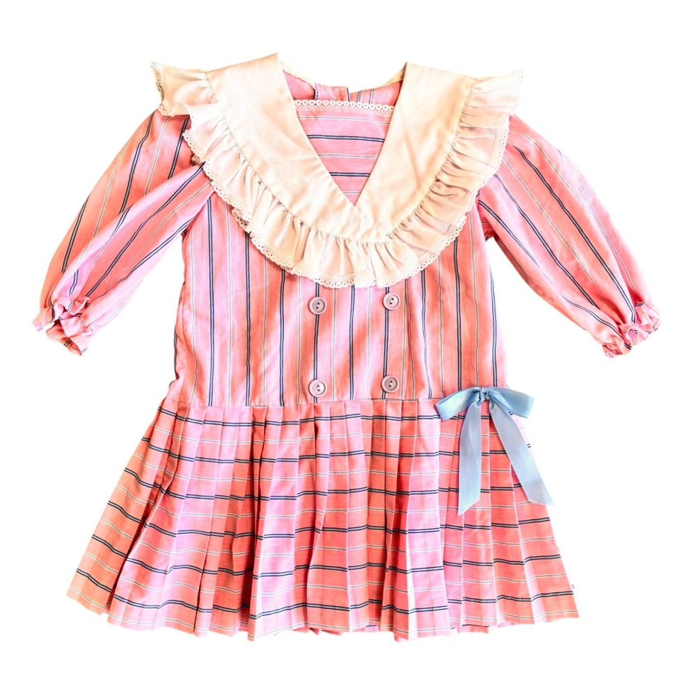Handmade Girls Vintage Pink Striped Pleated Dress Ruffle Sailor Collar Blue Bow